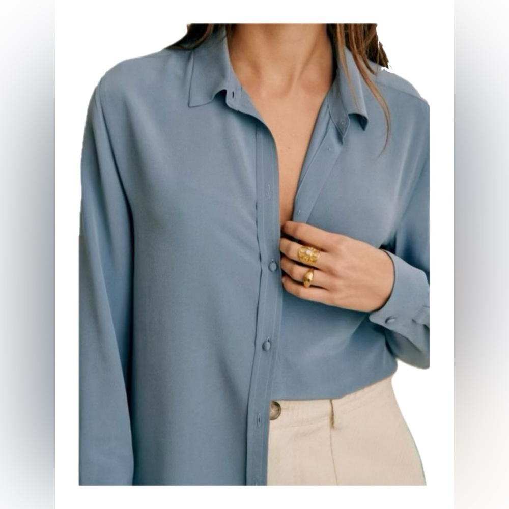 Sezane Ann Shirt Vintage Blue Size 10 (42) Never Worn 100% Silk Button Down